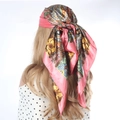 Satin silk square scarf featuring vibrant paisley and floral patterns in pink and gold - 90*90cm / Pink