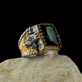 Vintage mens ring with rectangular green gemstone and intricate silver-gold floral engraving - Adjustable Open / Rectangular Green Gemstone