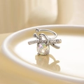 Silver bow ear cuff with pave zircons and iridescent crystal drop for non-pierced ears - Floating Camellia - Left (A153-10#)