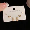 Three-piece gold stud earring set with rhinestones, bow, and bear motifs on S925 posts - Gold-Full Rhinestone Bear Bow Set (30#)