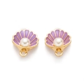 Detail of golden shell pendant with purple enamel inlay and white central pearl - Purple