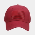 Close-up of deep red baseball cap featuring detailed American flag embroidery on cotton twill - Adjustable / Red