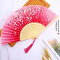 Pink cherry blossom folding fan with light wood ribs and matching silk tassel - Romantic Cherry Blossoms