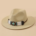 Cappello fedora in paglia beige con fascia di perline turchesi e trama intrecciata - M (56-58cm) / Beige Naturale