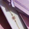 Golden sun pendant necklace with pink opal and zircon in an elegant purple gift box - Bracelet / Gold
