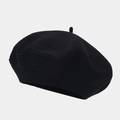 Detailed texture of a black knitted beret hat with a wavy pattern and top stem detail - M (56-58cm) / Black