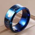 Detailed macro view of a blue stainless steel ring with laser-engraved heartbeat pattern - US 6 / Blue