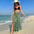 Green snake print high slit beach cover-up pants for women in lightweight mesh fabric - Black & Green Snakeskin Set