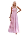 Pink striped tiered maxi dress with smocked bodice and thin spaghetti straps for women - S / Pink