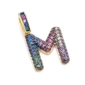 Golden letter M pendant with colorful zirconia stones for DIY jewelry making - Letter: M