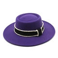 Close-up of a purple wool felt boater hat featuring a black ribbon with pearl bead edges - Purple