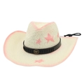 Close-up of straw cowboy hat featuring pink stars and bronze bull head emblem - One Size (Gradient Star) / Black Small Round Bull (With Windproof Rope) / Pink