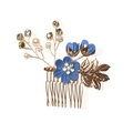 Detail of bridal hair comb with blue fabric flowers and golden rhinestone leaves - 3-Flower Hair Comb / Sapphire Blue