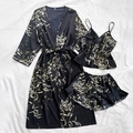 Three-piece floral satin sleepwear set with robe, camisole and ruffled shorts - S / Black
