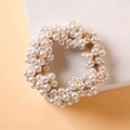 Elegant white faux pearl scrunchie hair tie with handcrafted beaded texture for women - White