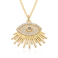 Macro detail of gold evil eye pendant with central grey stone and zircon pavé setting - Radiant Bohemian Eye Style (F193)