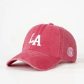 Close-up of white LA embroidery and Los Angeles California logo on red washed cotton cap - One Size / Watermelon red