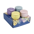 Set of 4 colorful tin candle jars with leaf patterns in a blue gift box packaging - No.31 Blue Leaf Gift Box (Inc. 4 Empty Tins)
