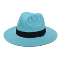 Detail of sky blue straw Panama hat with wide black grosgrain ribbon weave texture - Lake Blue