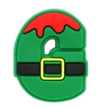 Detail view of the letter G PVC shoe charm with Santa Claus belt and Christmas elf colors - Elf Outfit Letter G