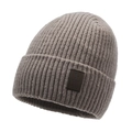 Bonnet d'hiver en maille côtelée beige avec écusson en cuir marron - Taille unique / Kaki