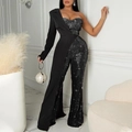 Asymmetrischer schwarzer Pailletten-Jumpsuit mit One-Shoulder-Design und weitem Bein - S / Schwarz