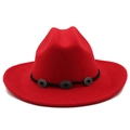Macro detail of red wool fedora hat featuring vintage silver buckles on black decorative band - M (56-58cm) / Red