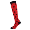 Red knee-high compression sock featuring black polka dot patterns for athletic wear - Red Black Dots