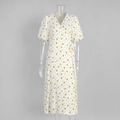 Detail of floral wrap dress featuring V-neckline and adjustable side waist tie - S / Yellow