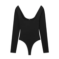 Detail eines schwarzen langärmeligen Bodysuits mit quadratischem Ausschnitt und S-Größenetikett - S / Schwarz