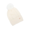 Detailed knit texture and fluffy pom-pom on creamy white winter beanie with gold charm - One Size / White