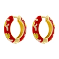 Vintage gold hoop earrings with red enamel and colorful floral pattern for women - Red Yellow Petals