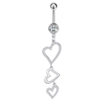 Detail of silver belly ring featuring three dangling hearts with sparkling cubic zirconia - 2748 Steel Color Triple Heart