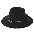 Damen Strohhut in Schwarz mit bunter Perlenkette und silbernem Blattanhänger für Sommer - Einheitsgröße (56-59cm) / Schwarz