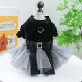 Elegant black velvet pet wedding dress with grey tulle skirt and a sparkling rhinestone bow - Phantom Wedding Dress
