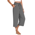 Women's grey high-waisted linen wide-leg trousers with elastic drawstring waist - S / Dark Gray