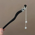 Épingle à cheveux en bois style chinois avec feuille de bambou et glands de perles - Feuille