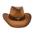 Brown woven western cowboy hat with wide brim and silver bull skull metal emblem - One Size / Khaki Coffee (Brown Bull)
