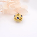 Detail of 18k gold-plated square hollow bead with blue stone inlay for DIY jewelry craft - Gold/Cyan Zirconia