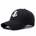 Black cotton baseball cap featuring white embroidered anchor and helm design - Adjustable / Black with White Embroidery