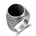 Vintage stainless steel ring for men with black round dome and Greek key patterns - US Size 8 / Steel Color + Black Drip Glue (18103)