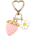 Detailed shot of golden heart clasp keychain with pink strawberry and white daisy charms - Pink Style 4