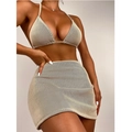 Conjunto de bikini de tres piezas en punto acanalado beige con top halter y minifalda - S / Beige