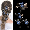 Blue flower bridal hair accessory set with gold leaves, pearls and crystal hair pins - Four-Piece Set / Sapphire Blue
