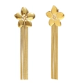 18K gold plated stainless steel flower stud earrings with long metal tassels and pearls - Flower Long Tassel Style / Gold