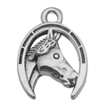 Silver horseshoe with horse head pendant charm for DIY western jewelry making - Antique Silver Horseshoe (14032)