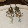 Vintage bronze butterfly earrings with cream shell discs and beads on a beige tray - 7# Ear Hook - Silver/Bronze
