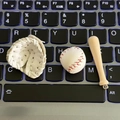 Miniature baseball keychain set with white leather glove and natural wood bat - White
