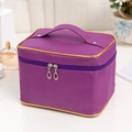 Purple satin cosmetic bag with gold piping, top handle and dual zipper for travel - Purple with Gold Trim