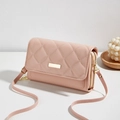 Pink quilted crossbody phone wallet with double zippers and elegant gold metal trim - Pink